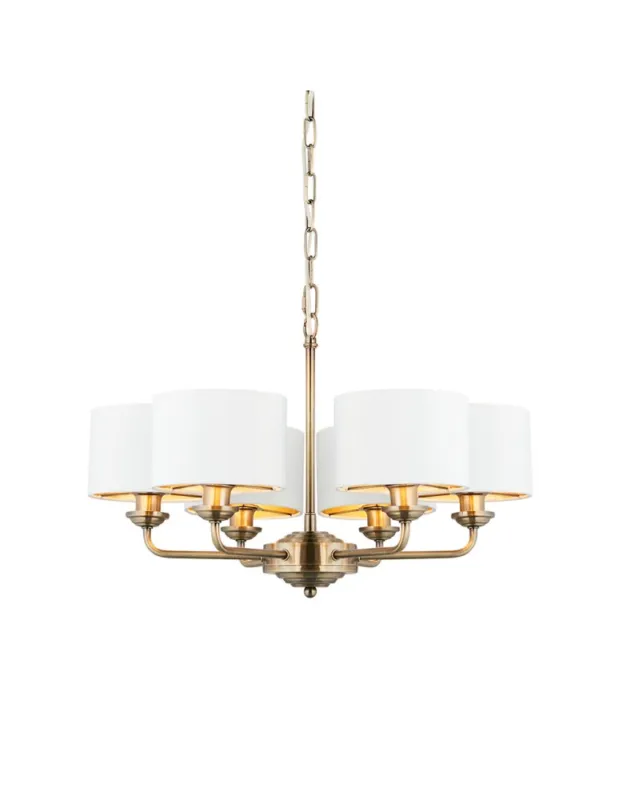 Endon Highclere Wisząca 6xE14 Powłoka z Antycznego Mosiądzu i Biała Tkanina w Stylu Vintage 98936 Premium