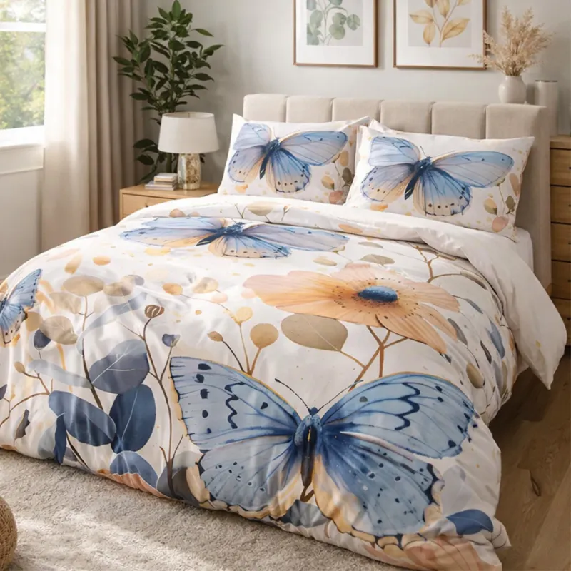 Tani Pościel satyna bawełniana 160x200 Satynlove Premium kremowa z niebieskimi motylami -