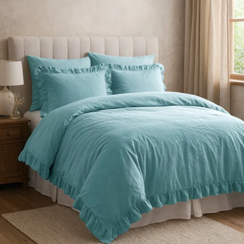 Pościel bawełniana 160x200 z falbanką Stonewashed Exclusive, Mineral Blue - Bestseller