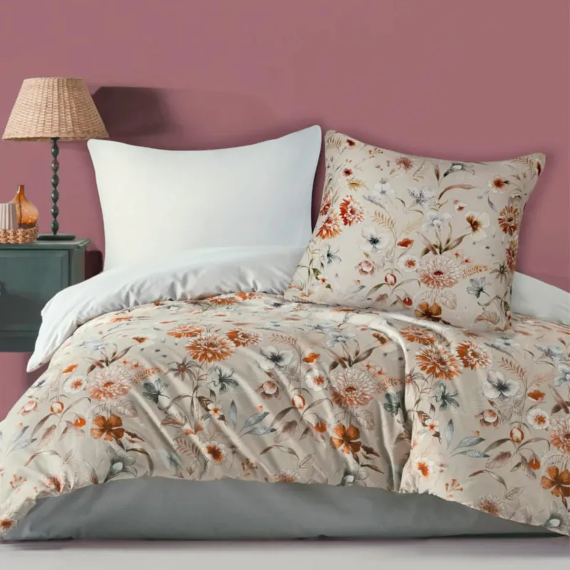 Pościel bawełniana 200x220 Cottonlove Exclusive Sidelya beżowa w kolorowe kwiaty - 50x70 cm Okazja