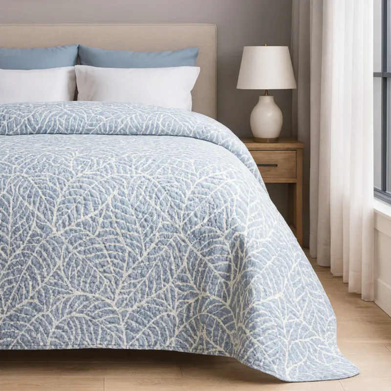 Narzuta pikowana niebieska Remo 200x220 ozdobne liście, drukowana - 170x210 cm Kup online
