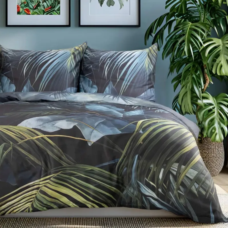 Kup online Pościel satyna bawełniana 220x200 Satynlove Premium ciemna w niebieskie i zielone liście - 140x200 cm