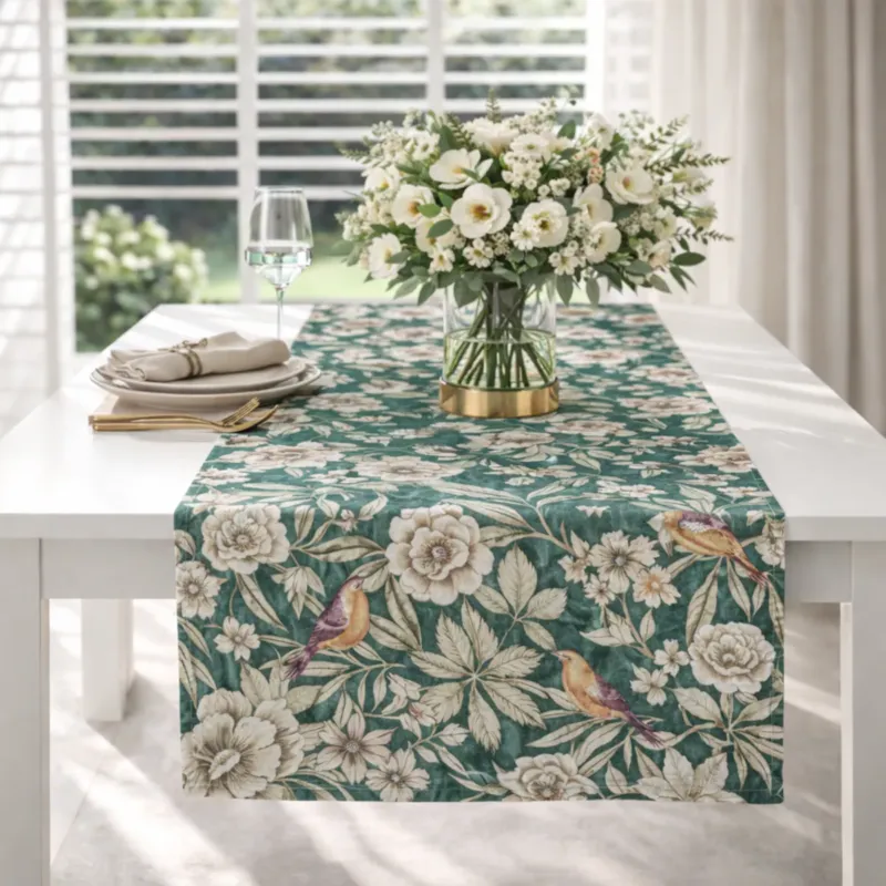 Dostępne od ręki Bieżnik z motywem liści i ptaków Emerald - 50x150 cm
