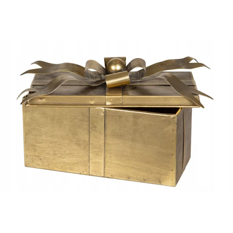 ŚWIĄTECZNE PUDEŁKO w kształcie prezentu ZŁOTE metalowe 21x10cm - Obniżka ceny