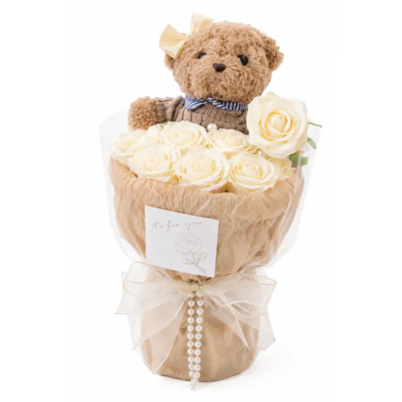 Flower box, bukiet zapachowych kwiatów mydlanych z MISIEM, LED 8szt. BUK31B - Taniej