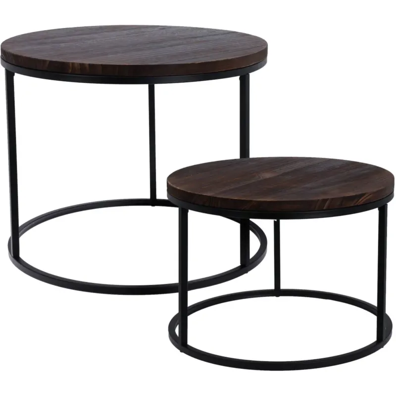 Premium Zestaw stolików kawowych z blatem z drewna paulownia, metalowy stelaż, 2 sztuki, Ø 57 cm, Ø 50 cm -