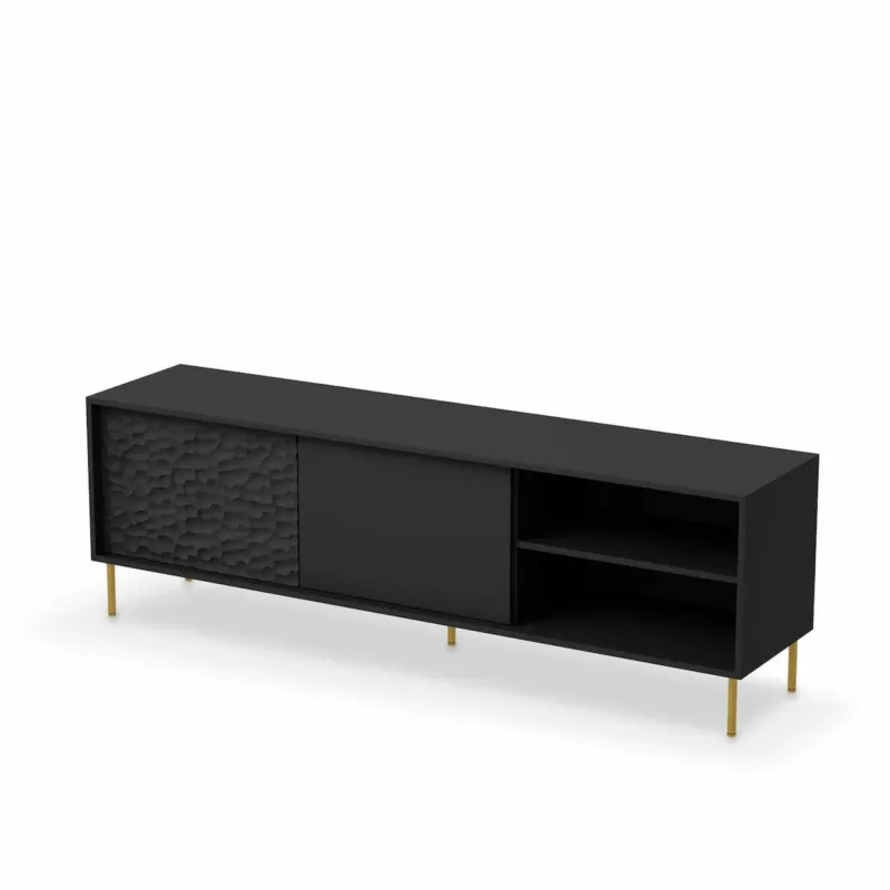 Ograniczona ilość SZAFKA RTV Afir 180/41/58 cm CZARNA DEKOR 3D złote nóżki -