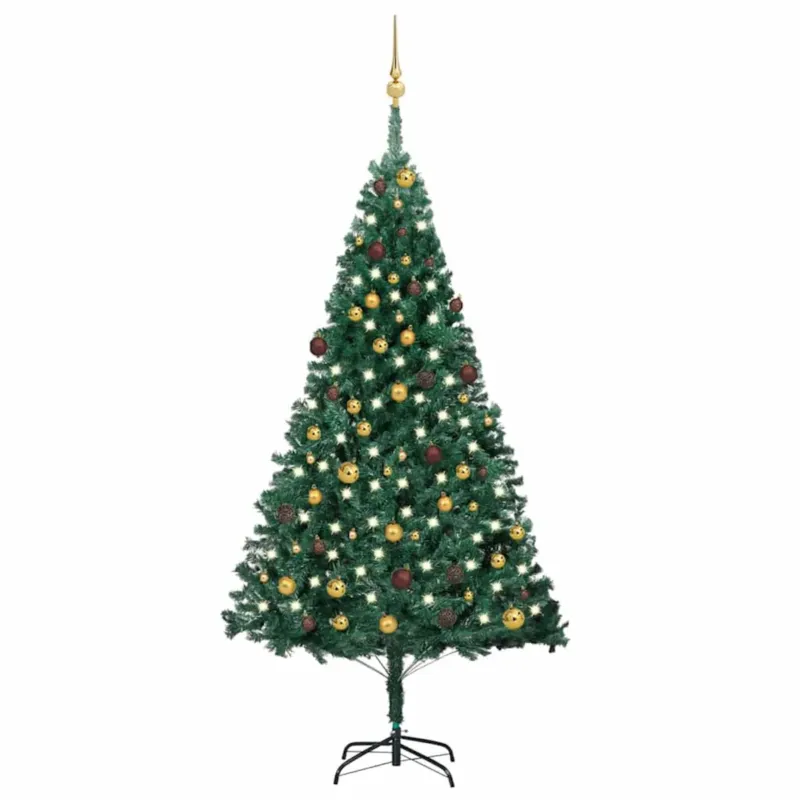 vidaXL Sztuczna choinka z lampkami i bombkami, zielona, 210 cm, PVC - Tylko do końca tygodnia