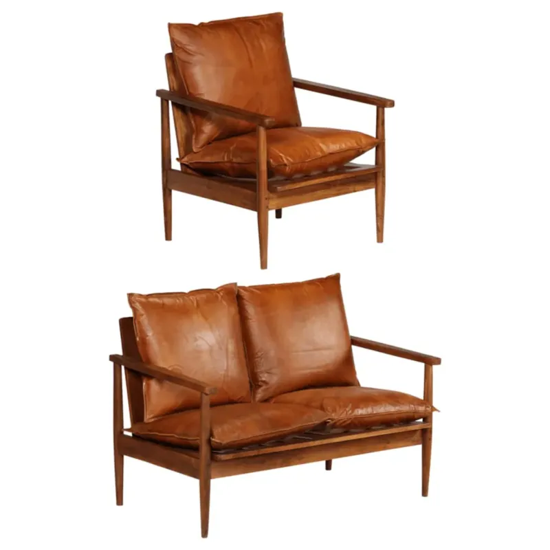 vidaXL Zestaw 2 sof, brązowy, naturalna skóra i lite drewno akacjowe - Dostępne od ręki
