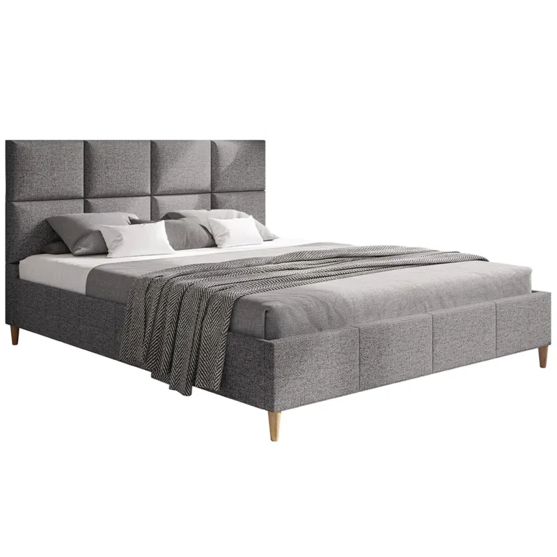 Łóżko sypialniane 160x200 LUXO 1, drewniane nogi, tkanina plecionka - szare - Obniżka ceny