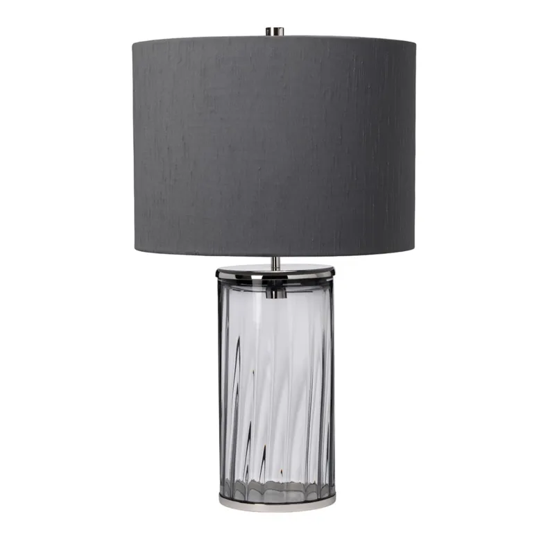 Bestseller Lampa stołowa Reno QN-RENO-SMOKE-PN Quintiesse 1xE27 60W Stal, Szkło pryzmatyczne, Sztuczny jedwab Polerowany nikiel