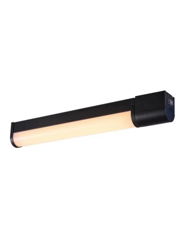 Pionowy czarny kinkiet łazienkowy Malakia LED 6W przy lustrze, z wbudowanym gniazdkiem IP44 3000K Szybka wysyłka