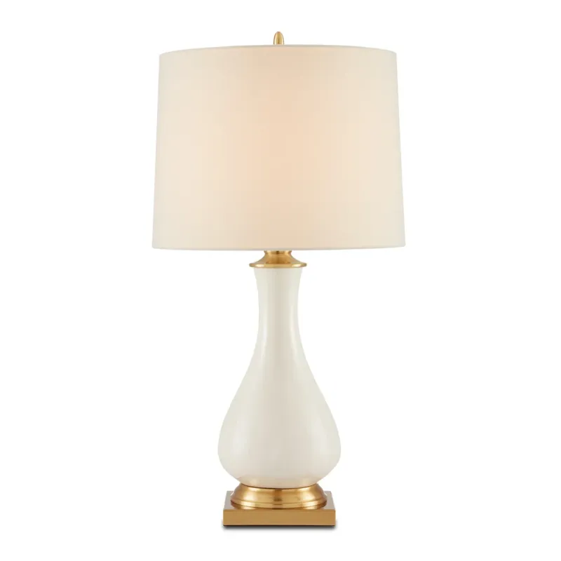 Lynton Cream – ceramiczna lampa stołowa kremowy połysk, mosiężne detale i len Szybka dostawa