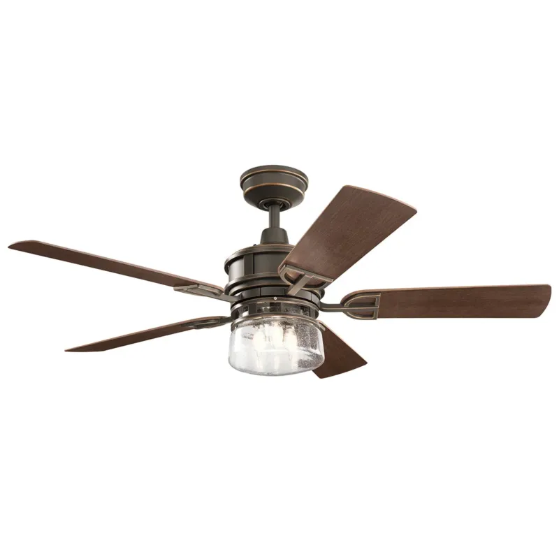 Okazja Retro wentylator sufitowy Lyndon Patio z lampą (stary brąz + bąbelkowe szkło) - Kichler, 132 cm + pilot