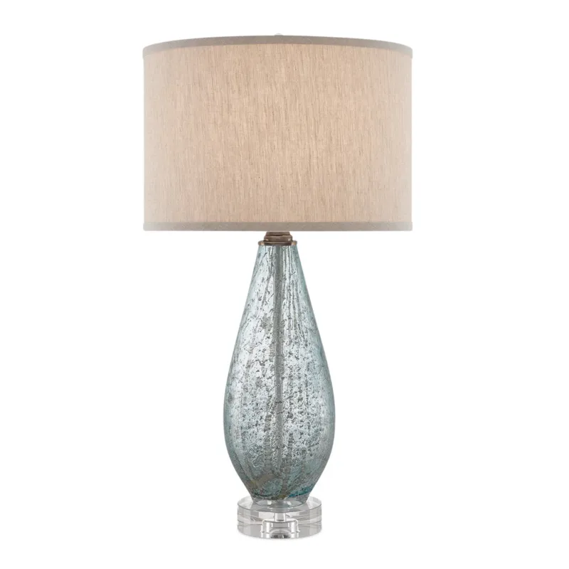 Optimist Blue – lampa stołowa z nakrapianego szkła błękit, kryształowa baza i len Łatwy zwrot