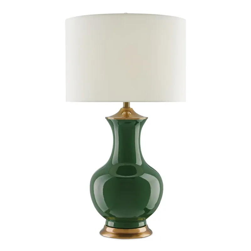 Lilou Emerald – porcelanowa lampa stołowa butelkowa zieleń, mosiężne detale i shantung Zamów teraz