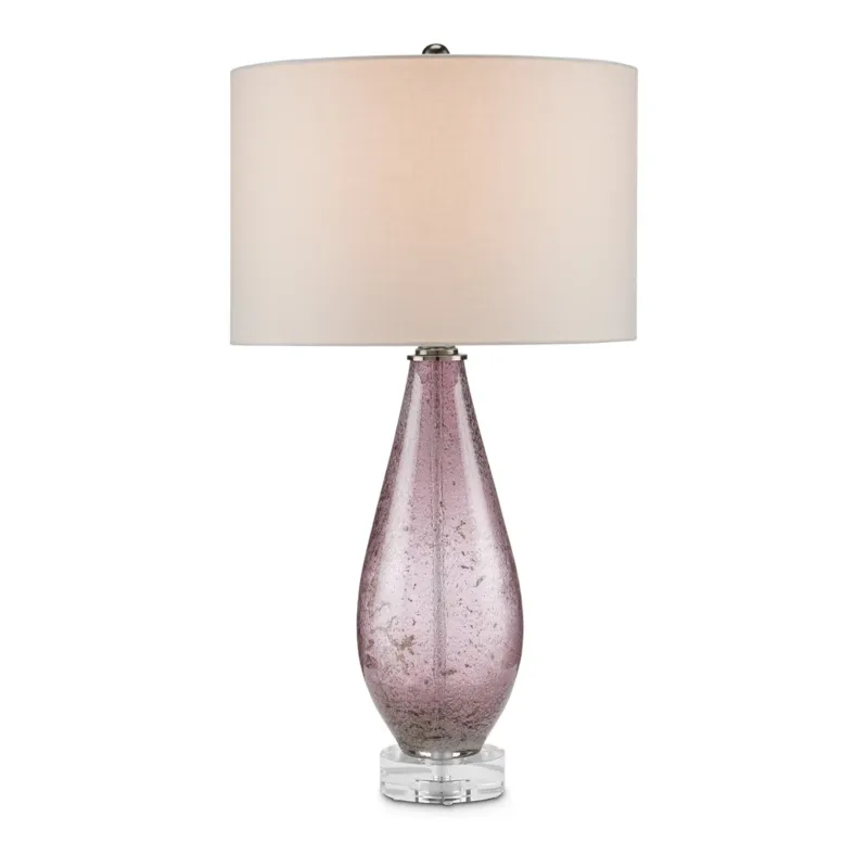 Nie przegap Optimist Amethyst – lampa stołowa z nakrapianego szkła fiolet, kryształowa baza i len