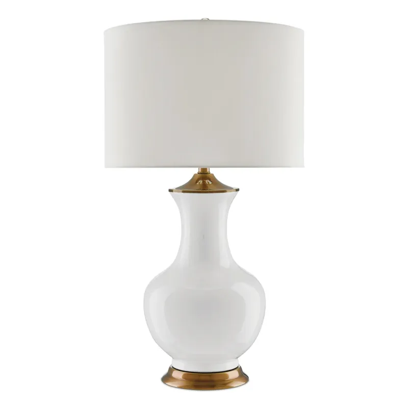 Nowość Lilou White – porcelanowa lampa stołowa biel, mosiężne detale i shantung