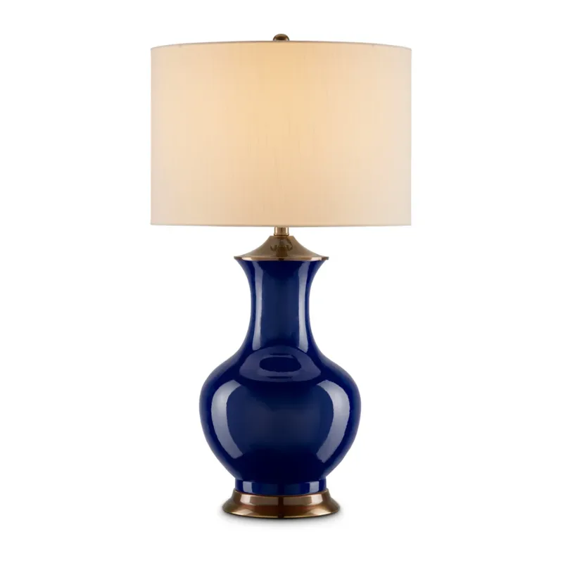 Lilou Navy – porcelanowa lampa stołowa granat, mosiężne detale i shantung Nowy