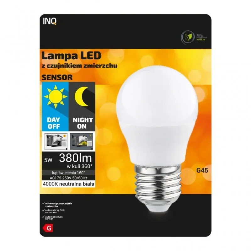 Bezpieczna płatność ELPS010NW Żarówka led kulka z czujnikiem zmiechu E27 G45 5W 4000K 380lm INQ