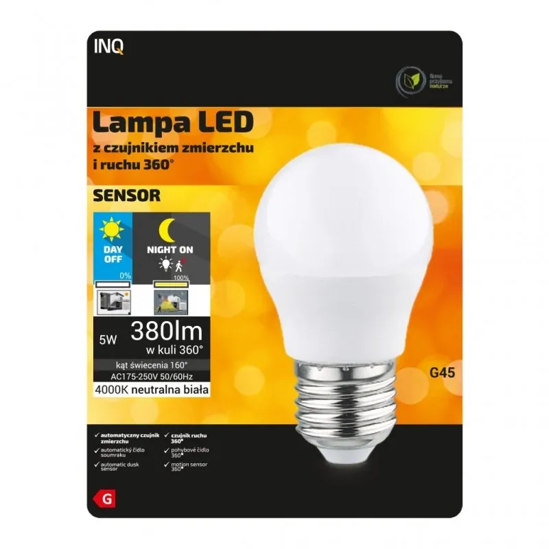 Obniżka ceny ELPSM010NW Żarówka led z czujnikiem ruchu i zmierzchu E27 G45 5W 4000K 380lm INQ