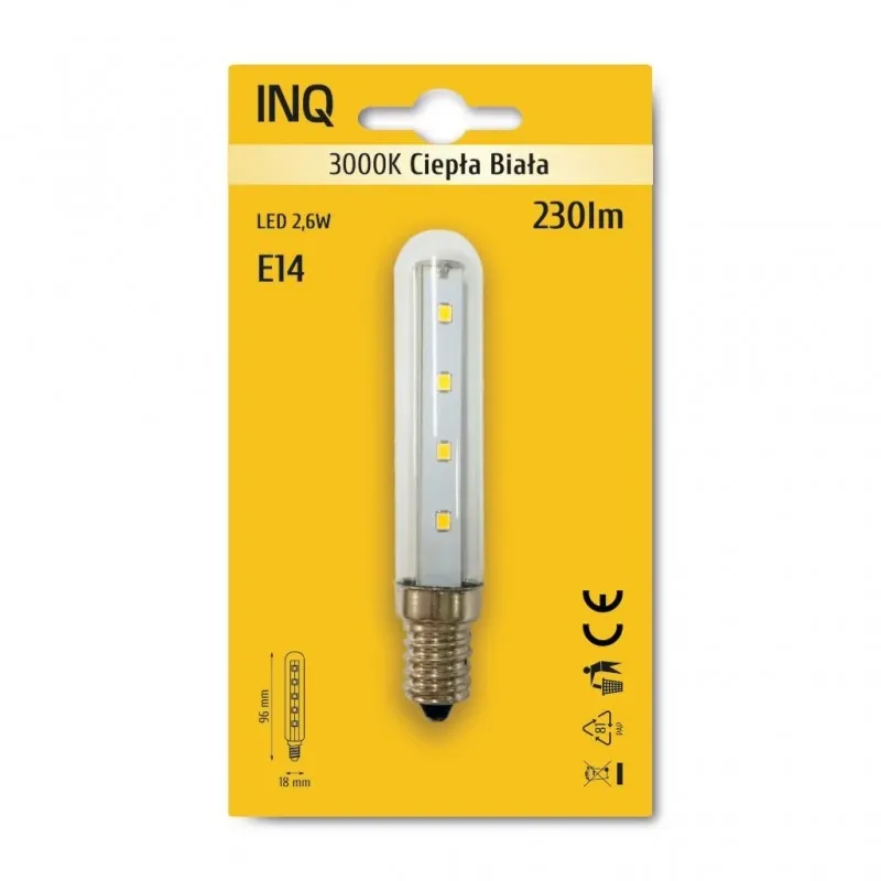 LS130WW Żarówka led podłużna do okapu E14 T18 2,6W 3000K 230lm INQ Bezpieczne zakupy