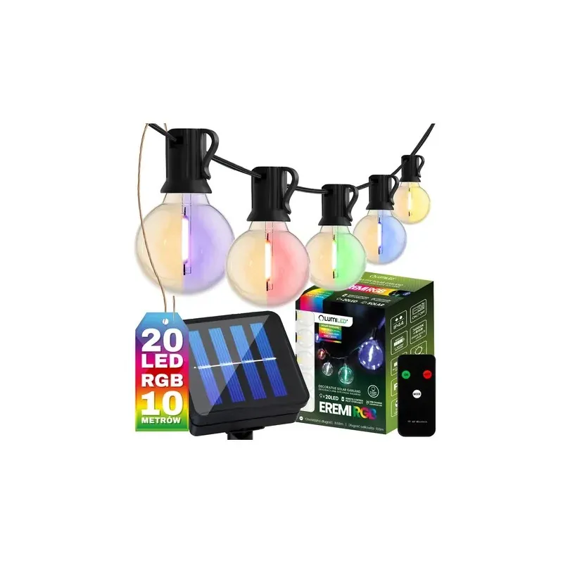 Bezpieczna płatność Girlanda solarna ogrodowa 20xLED kolorowe światło RBG+3000K na pilota EREMI USB LUMILED