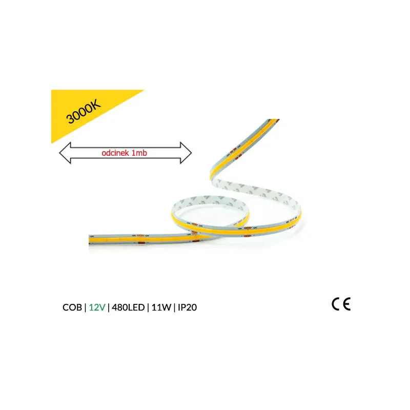 Taśma Led 12V / Cob / 11W / 480Led / Ip20 / 3000K / 95Lm/W / Ra 90 / 8Mm / 15Mb Oferta czasowa