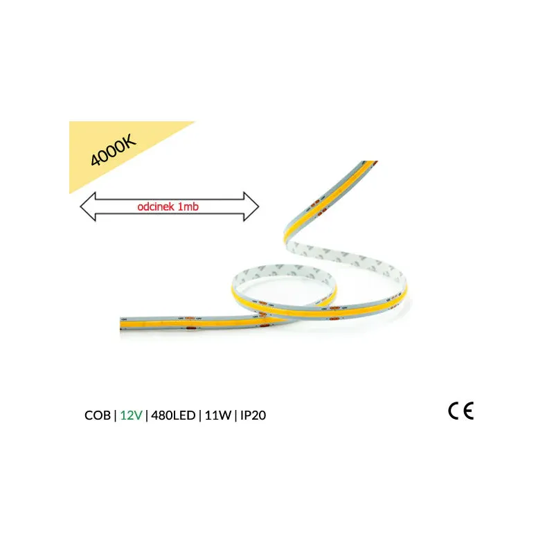 Taśma Led 12V / Cob / 11W / 480Led / Ip20 / 4000K / 100Lm/W / Ra 90 / 8Mm / 2Mb Nowość