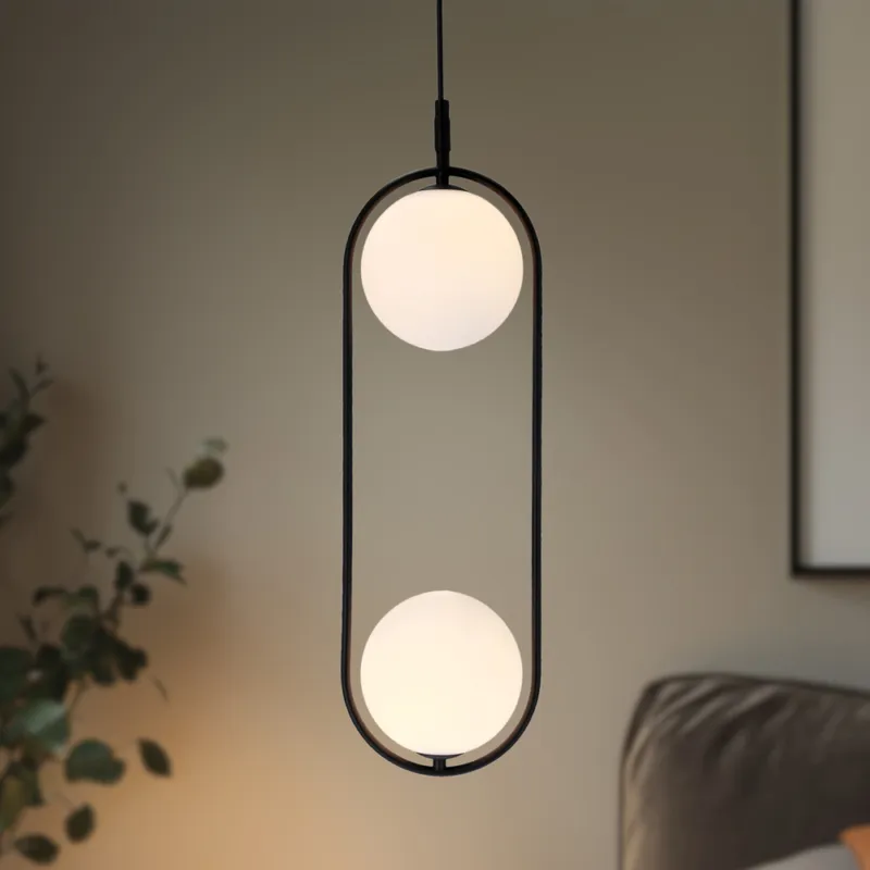 Wyprzedaż Lampa wisząca CORDEL elegancka - czarna z białymi kloszami kulkami - nowoczesne oświetlenie salonu 2x G9 LED