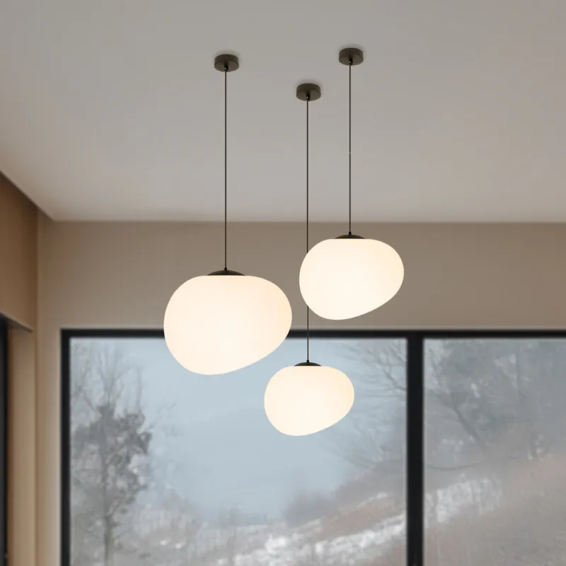 Lampa wisząca STONES 20 cm w stylu Japandi - z białym akrylowym kloszem inspirowanym kamieniem - minimalistyczne oświetlenie sufitowe do salonu E27 Nowość