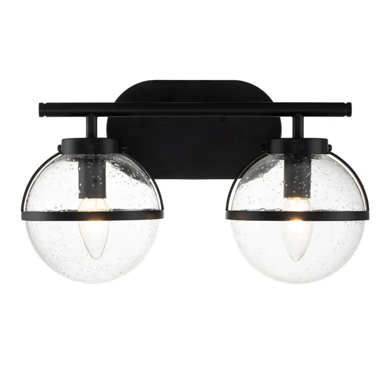 Wyjątkowa oferta Kinkiet łazienkowy czarny 2-punktowy ze szklanymi kloszami HK-HOLLIS2-C-BK-BATH z serii HOLLIS - Elstead Lighting