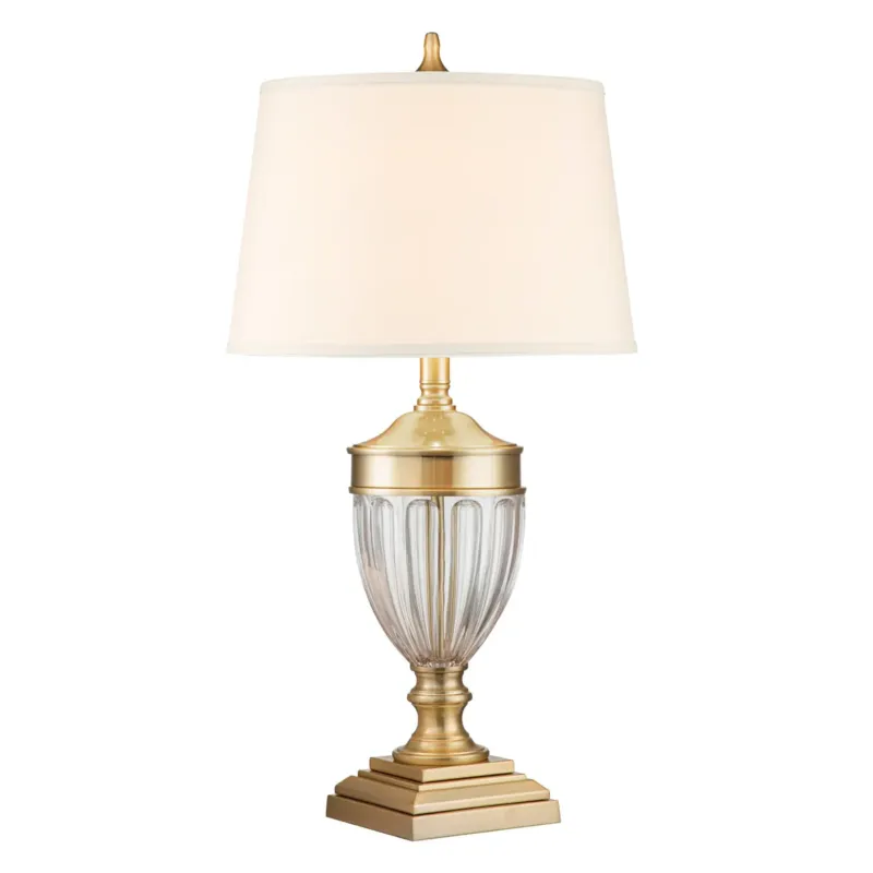 Lampa stołowa mosiężna ze szklaną podstawą i lnianym abażurem QZ-DENNISON-BB z serii DENNISON - Elstead Lighting Niska cena