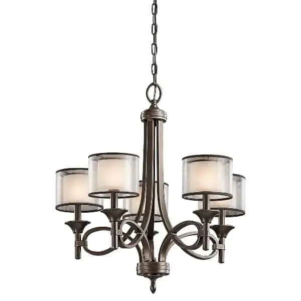 Żyrandol metalowy brązowy 5-punktowy z beżowymi kloszami KL/LACEY5 MB z serii LACEY - Elstead Lighting Popularny