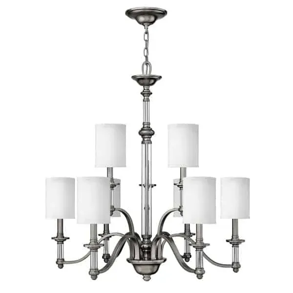 Żyrandol metalowy srebrny 9-punktowy z białymi abażurami HK/SUSSEX9 z serii SUSSEX - Elstead Lighting Nowy