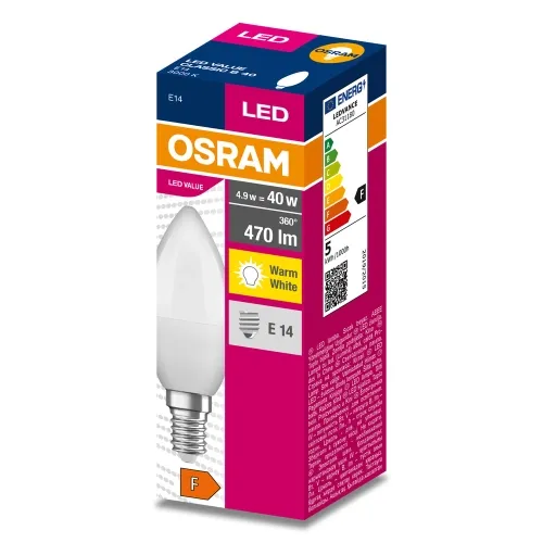 Dodaj do koszyka Średnio mocna żarówka LED ciepła E14 B40 4,9W 470LM 3000K Osram 4058075628038