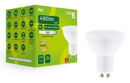 Nie przegap Żarówka LED MR16 GU10 6W 490lm 4000K INQ MR034NW