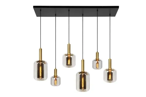 Nowy Lampa wisząca nad stół dymne klosze z złotymi dodatkami na czarnej prostokątnej rozecie Lucide 45494/06/65 Joanet 6xE27