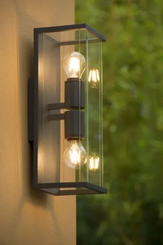Antracytowa zewnętrzna lampa ścienna z szklanymi ściankami Lucide 27883/02/30 Claire-Led 2xE27 IP54 Oferta limitowana