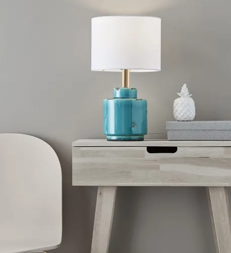 Lampa nocna stołowa ceramiczna w stylu rustykalnym turkusowa przecierana podstawa i biały abażur z tkaniny MarkSlojd 106606 Cous 39cm Kup online